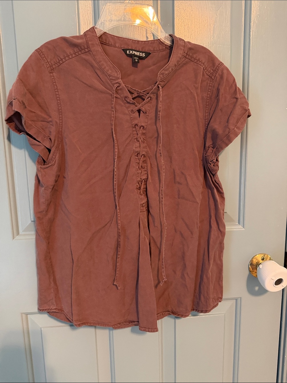 Express Brown Lace-Up Short Sleeve Blouse